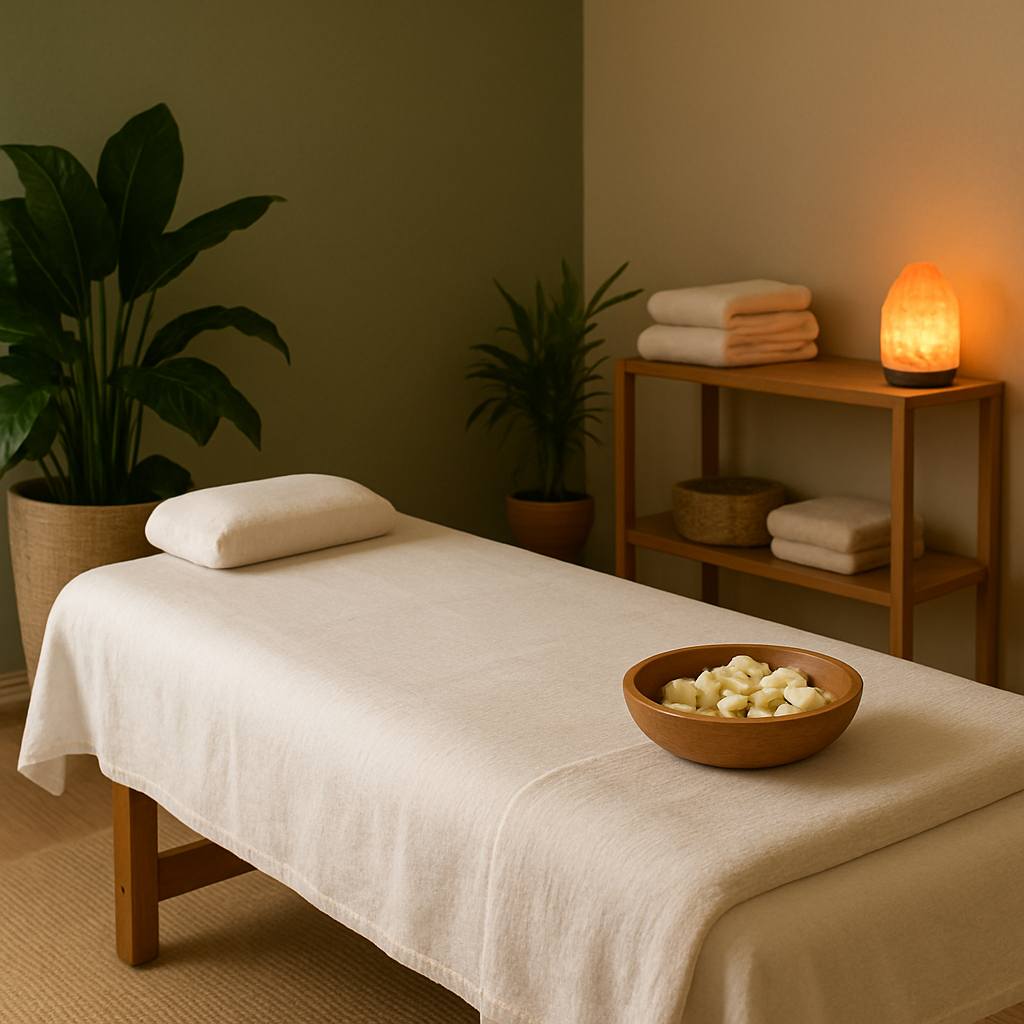 Calm wellness therapy room with massage table, plants and warm natural lighting