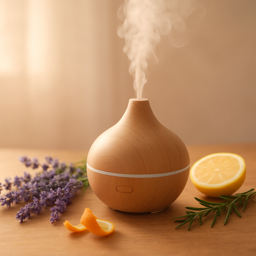 Aromatherapy diffuser misting with lavender, lemon, and rosemary on a wooden surface