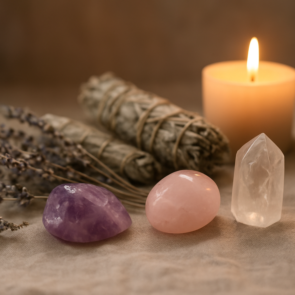 Healing crystals amethyst and rose quartz with dried lavender and sage bundles