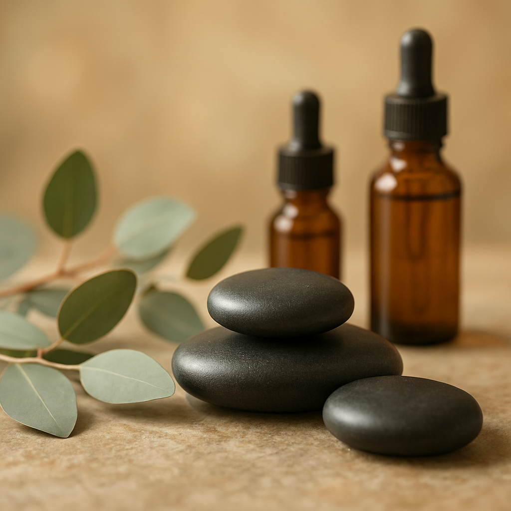 Warm massage stones with eucalyptus leaves and essential oils on a stone surface
