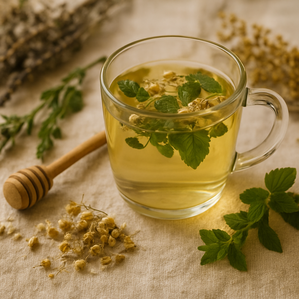 Herbal wellness tea with chamomile flowers and fresh botanicals on linen cloth